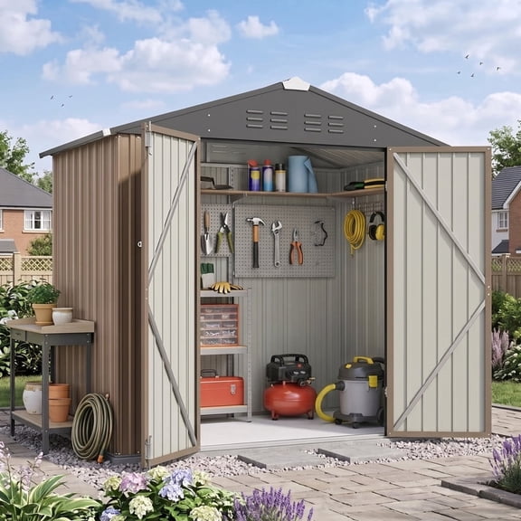 Vyrox 6' x 4' Metal Outdoor Storage Shed, Garden Tool Shed with Sloping Roof, Lockable Door & Air Vents for Backyard, Patio, Garden, Brown