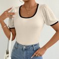 thumbnail image 2 of Besolor Womens Summer Tops Knit Lace Splicing Scoop Neck Basic Tee Casual Short Sleeve Slim Fitted Going out Shirts, 2 of 9