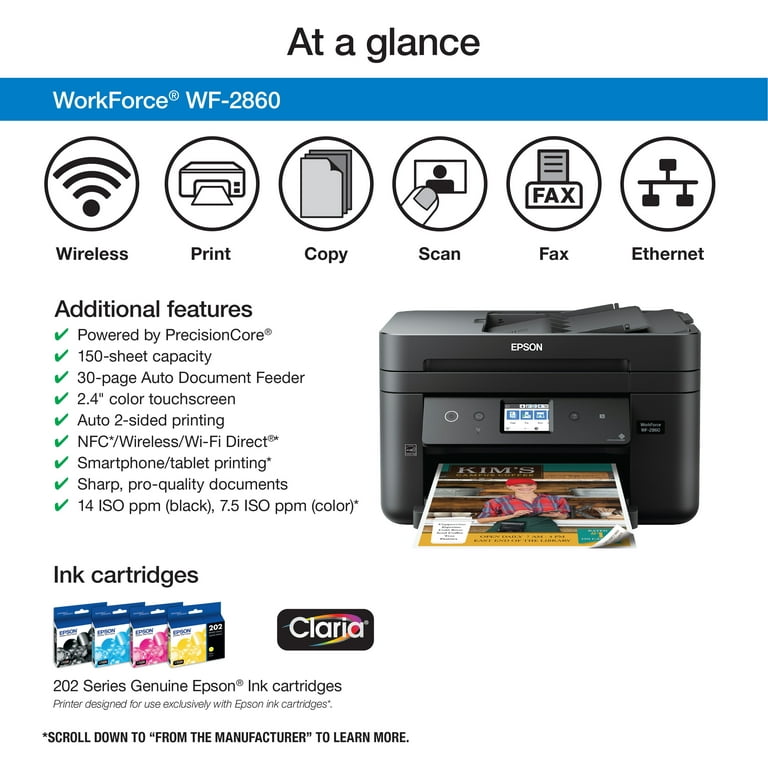 øverste hak Sow Inde Epson WorkForce WF-2860 Wireless All-in-One Color Inkjet Printer -  Walmart.com