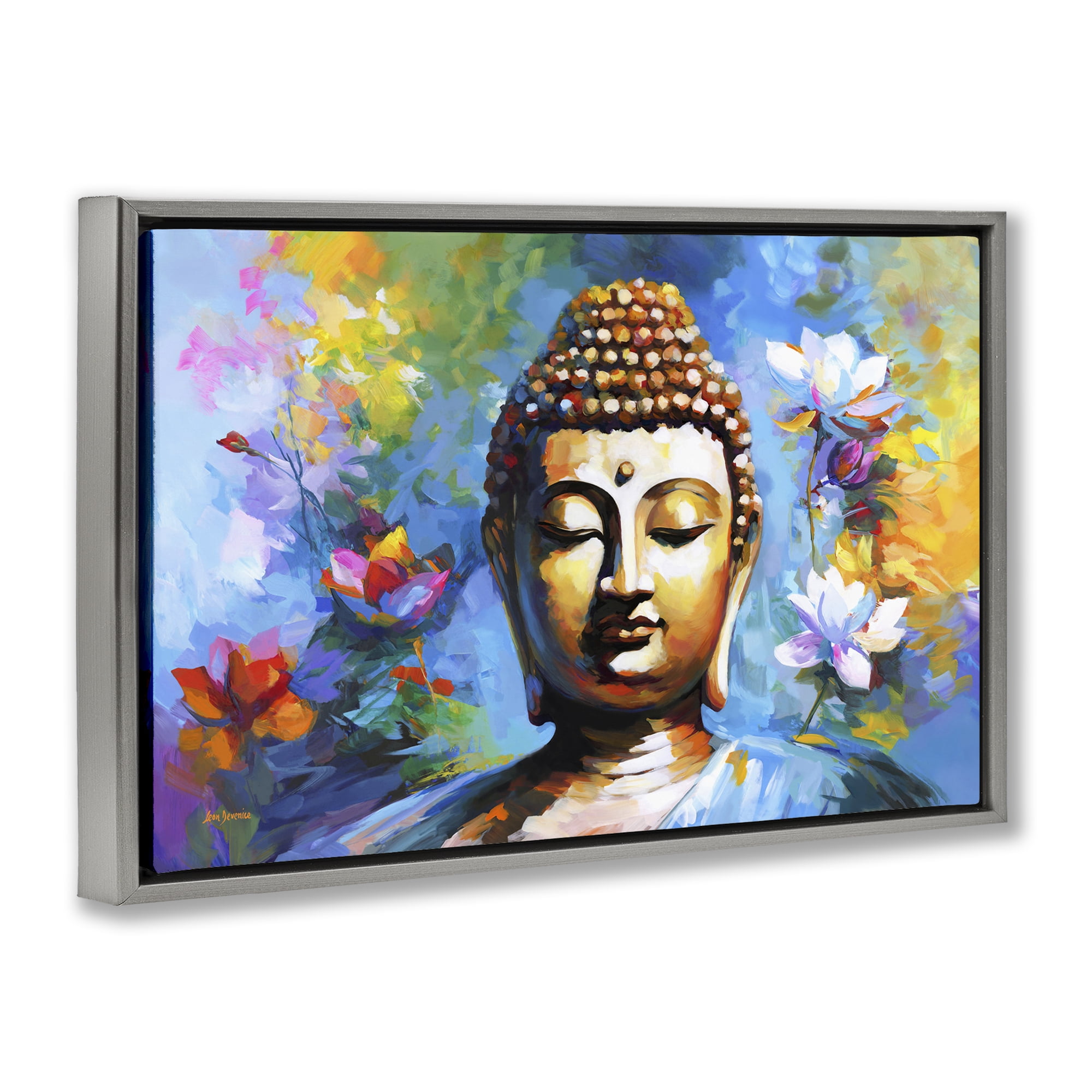 Stupell Industries Buddha with Bright Lotus People Painting Gray Floater Framed Canvas Art Print Wall Art, 31 x 21