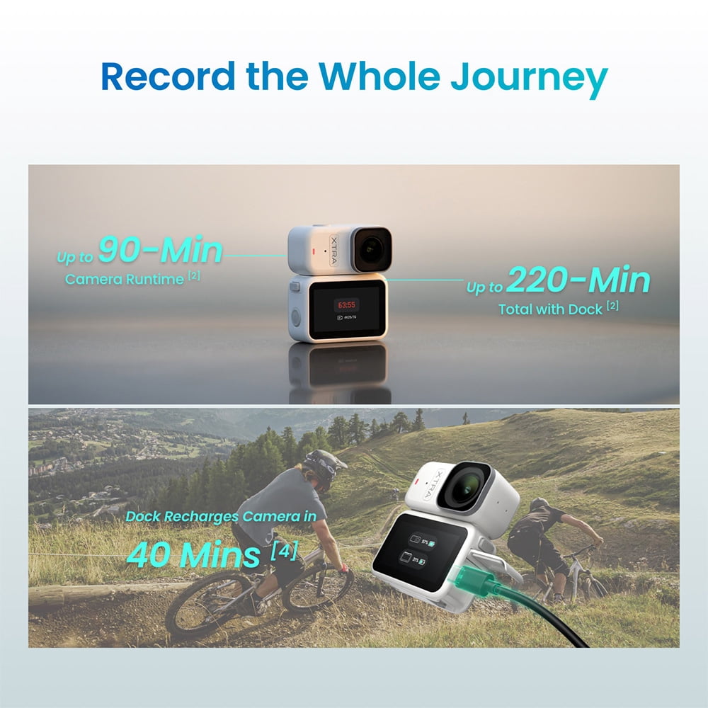 Xtra Atto Wearable POV Action Camera, 54g Mini Vlog Camera with Magnetic Mount, 4K/60fps 1/1.3" Sensor, 128GB Built-in Storage, 220-Min Battery Vision Dock, Hands-Free Video Camera, White