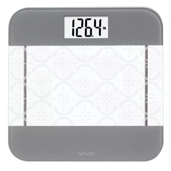 Taylor Digital Bathroom Scale – 12.2" Moroccan Frost Tempered Glass Platform with Stainless Steel Accents, 440 lb Capacity Step-On Weight Monitor & Backlit Display (Clear/Gray)