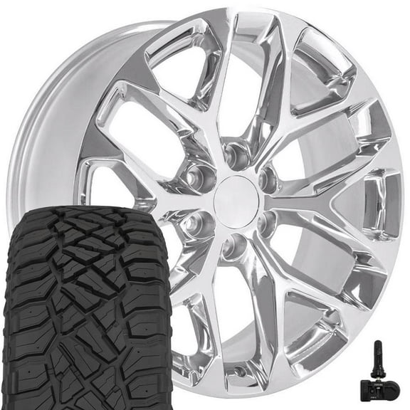 OE Wheels CV98 22 Inch Rims and Tires Fit Silverado 1500 Snowflake Style 6x139.7 22x9 Chrome - Hollander 5904 - TerraMax RT 285/45-22 (Set of 4)