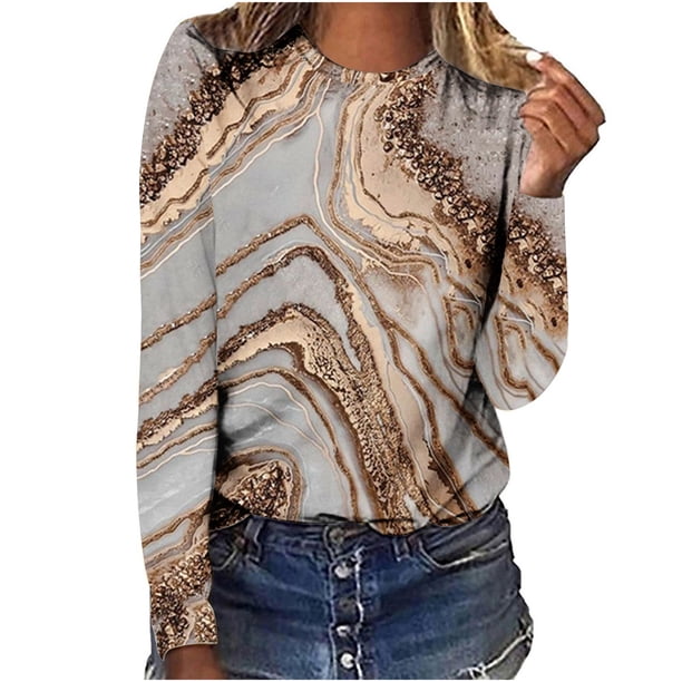 Blusa de camiseta estampada de manga larga con cuello redondo informal a la moda para mujer Pompotops FGAJ3407