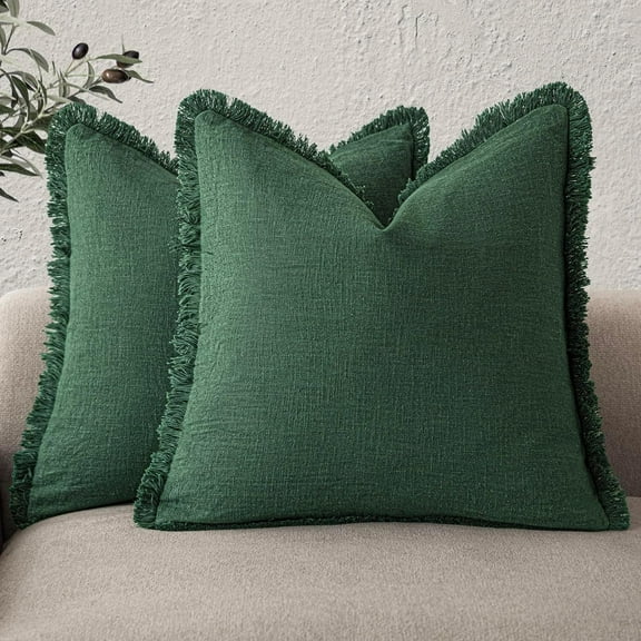 Set of 2 Decorative Linen Fringe Throw Pillow Covers Cozy Boho Farmhouse Cushion Cover with Tassels Soft Accent Pillowcase for Couch Sofa Bed Living Room Home Decor, 18×18 Inch, Pine Green