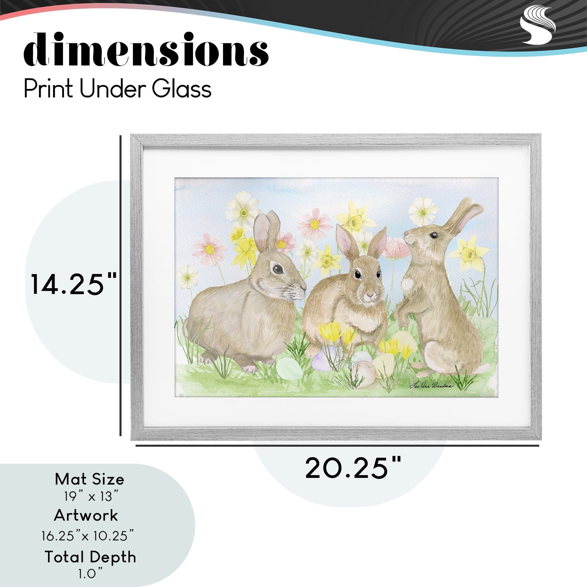 Three Bunnies In The Grass Gray Framed Print Under Glass, design by Lee Ann Sanders