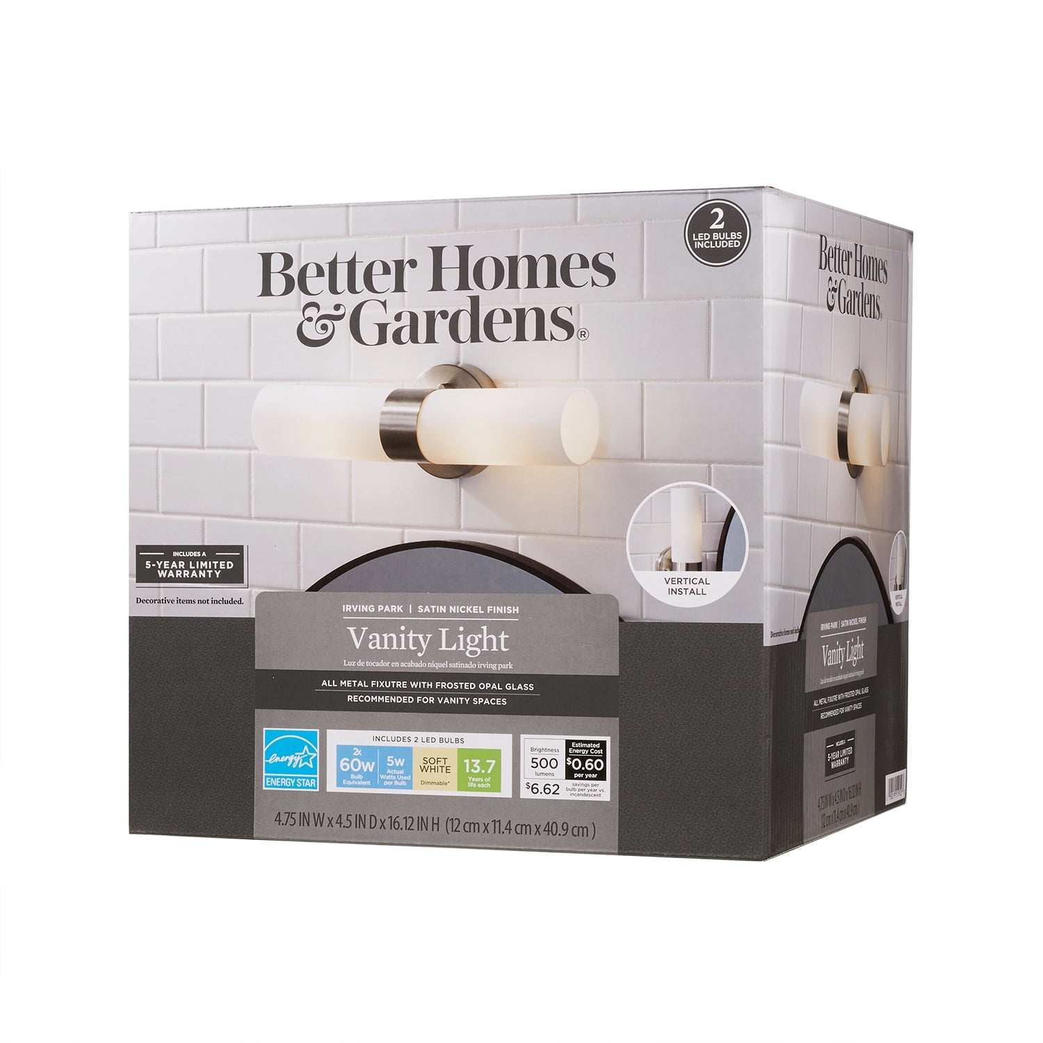 Better Homes & Gardens 2-Light Vanity Light Fixture, Satin Nickel Finish