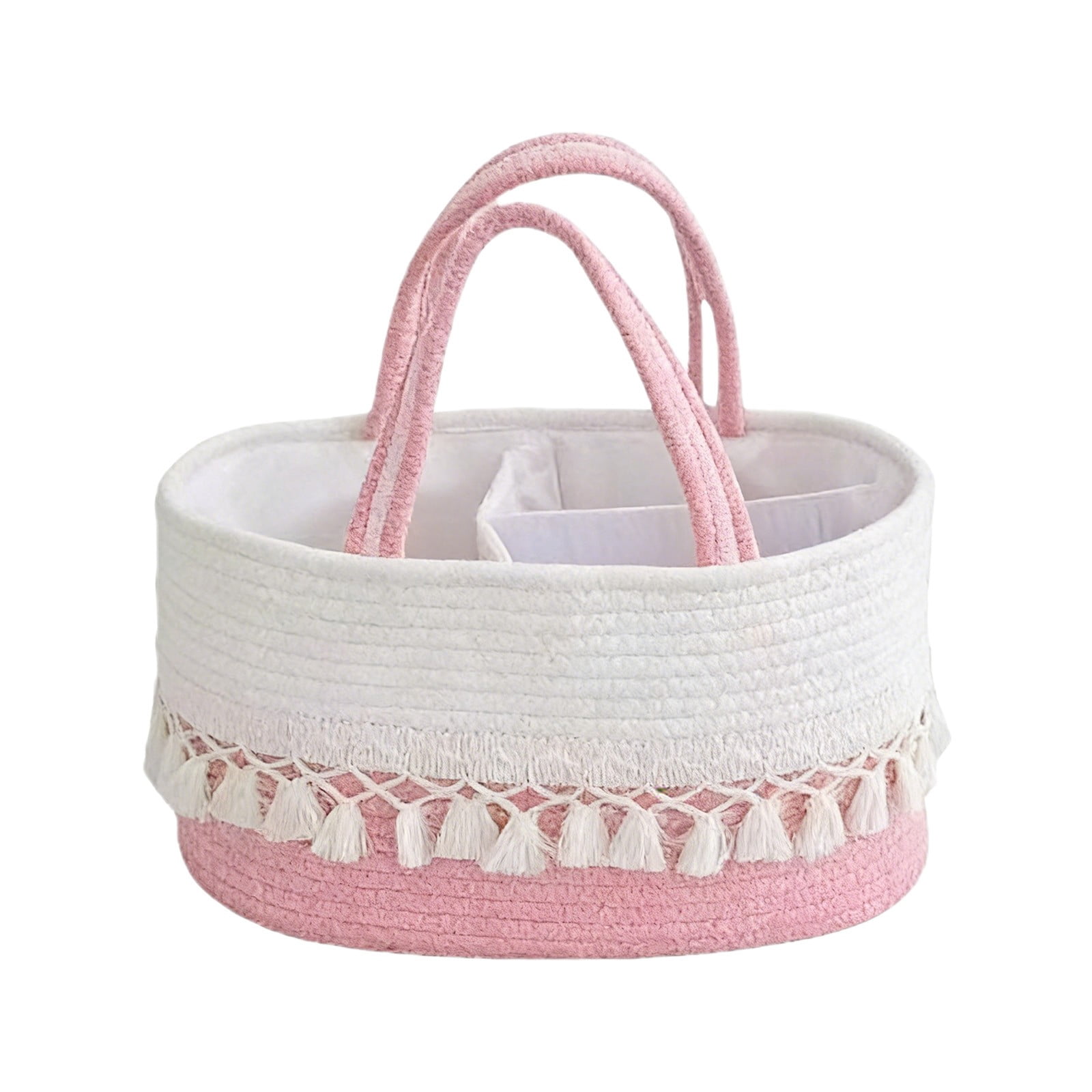 Diaper Caddy and Toy Storage Basket, Woven Cotton Rope with Divided Compartments, Tassel Handles, Farmhouse Boho Nursery Organizer, Blush Pink 14"