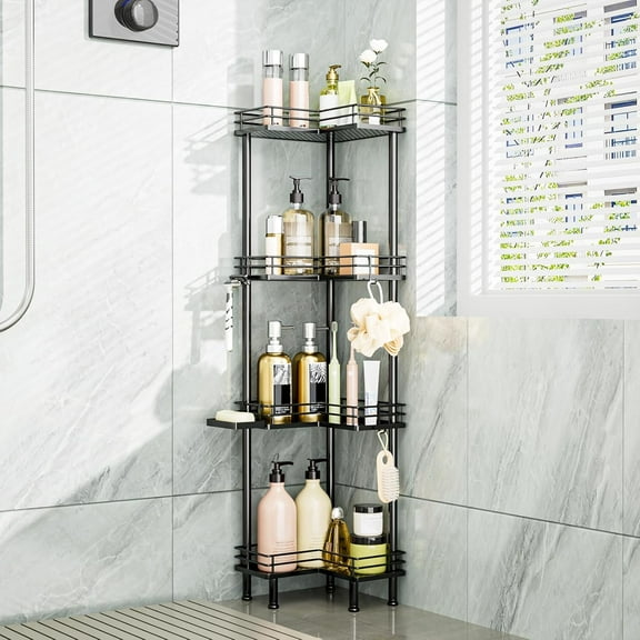 Corner Shower Caddy Standing - 4-Tier Stainless Steel Shower Organizer with Soap Holder and 4 Hooks, Large Capacity Corner Shelf Stand for Bathroom, Rest Room, Black