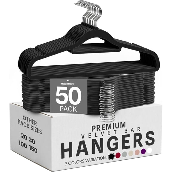 Utopia Home Premium Velvet Black Hangers for Suits, Coats & Shirts - 50 pack | Non-Slip Surface, Heavy Duty Strength, Rotating Hook with Tie-Bar