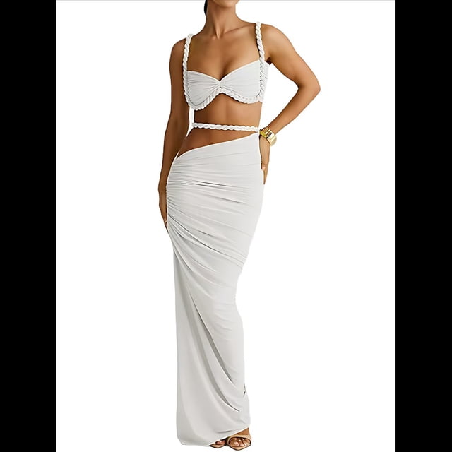 Conjunto de 2 Piezas para Mujer, Sexy, , de Verano, con Top Fruncido y Espalda Descubierta, y Falda con Aberturas, Vestido de Noche. S
