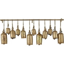 Metal Decorative Cow Tibetan Inspired with 12 Bells on Jute Hanging Ropes and Rod, 45" x 6" x 16", Gold