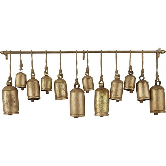 Metal Decorative Cow Tibetan Inspired with 12 Bells on Jute Hanging Ropes and Rod, 45" x 6" x 16", Gold