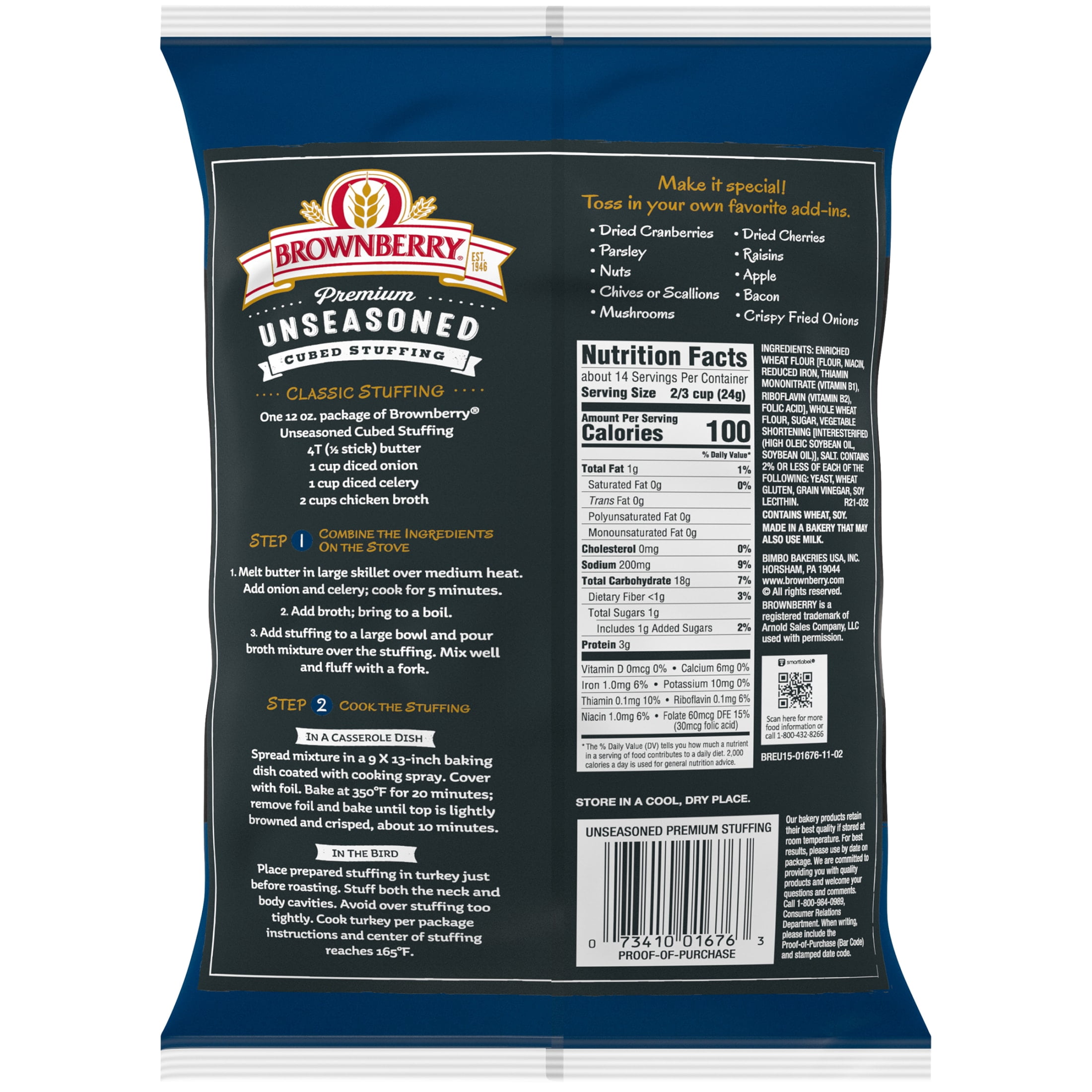 Brownberry Premium Unseasoned Cubed Bread Stuffing, 12 oz, Turkey Stuffing Mix, Bag