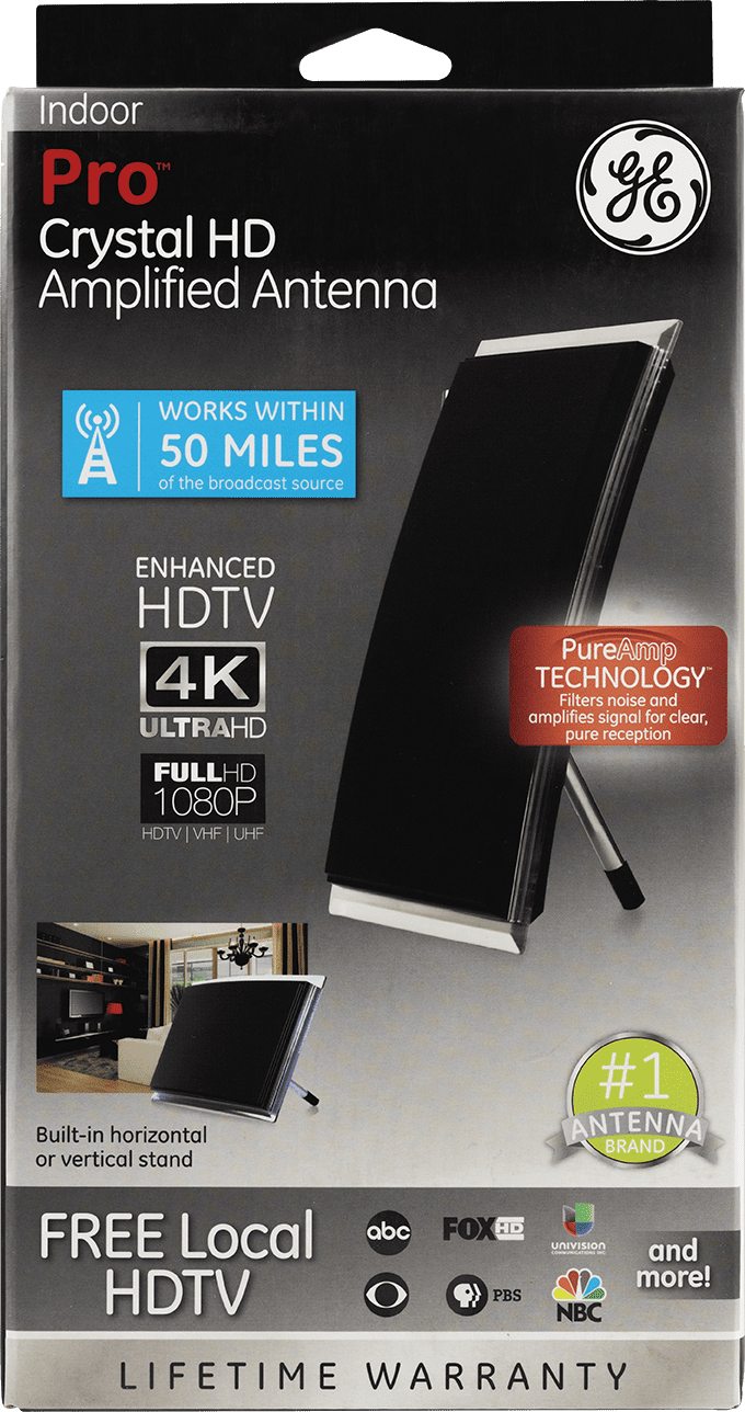 General Electric Crystal Amplified HDTV Antenna, 50-mile Range, VHF 1080P 4K,  Black, 48732