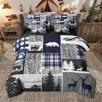 Homewish Wild Bear Deer 7pcs Bedding Comforter Set,Rustic Annual Rings Queen Bedding Sets,Gray Black Queen Sheet Sets For Boys Kids,Luxury Bedroom Decor Reversible