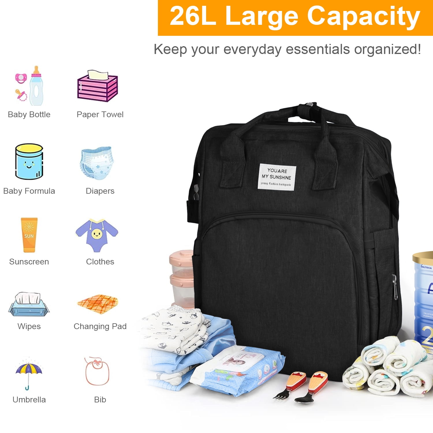 Diaper Bag Backpack,Multifunction Diaper Bag Backpack with Changing Station,Foldable Crib&Insulated Milk Bottle Pocket Large Capacity Baby Nappy Changing Bag Travel Backpack w/ Stroller Straps,Black