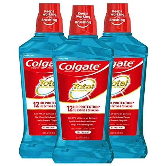 Colgate Total Alcohol Free Mouthwash For Bad Breath, Antibacterial Formula, Peppermint - 1L, 33.8 Fluid Ounce (3 Pack)