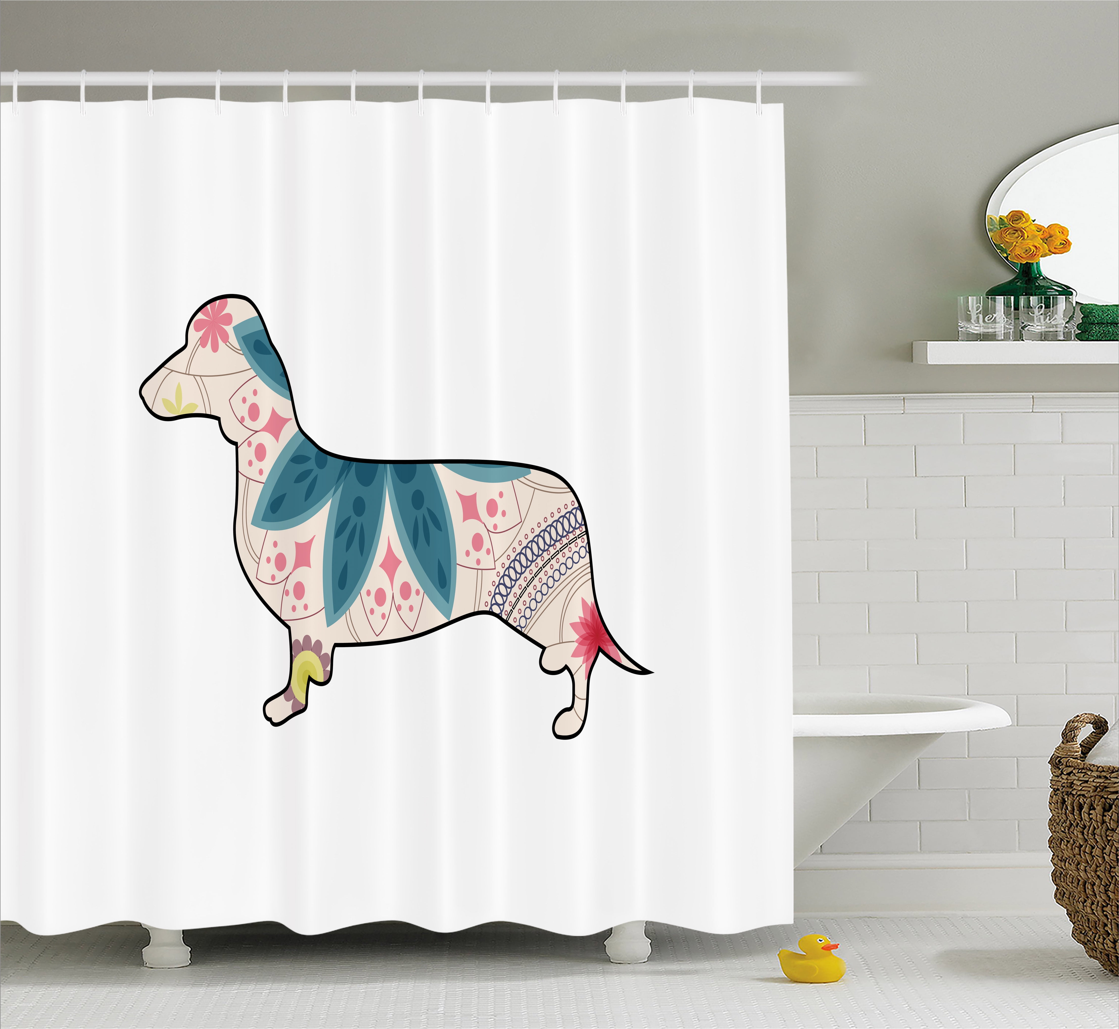 Dachshund Shower Curtain, Colorful Ethnic Flowers on a Dachshund Puppy
