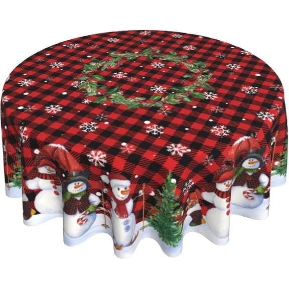 Snowman Round Tablecloth 60Inch Winter Snowflakes Christmas Tree Table Cloth with Red Black Buffalo Plaids Xmas Holly Berries Table Cover Reusable Waterproof for Kitchen Dining Holiday Decor
