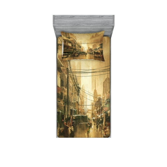 Ambesonne Retro Fitted Sheet & Pillow Sham Set, City Street View, Twinxl, Sand Brown