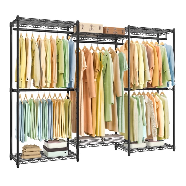SONGMICS Armario portátil, Perchero para ropa de alta resistencia, Perchero para ropa, Perchero para ropa de 86,4 pulgadas de ancho con estantes de malla ajustables y rieles para colgar, Negro tinta U