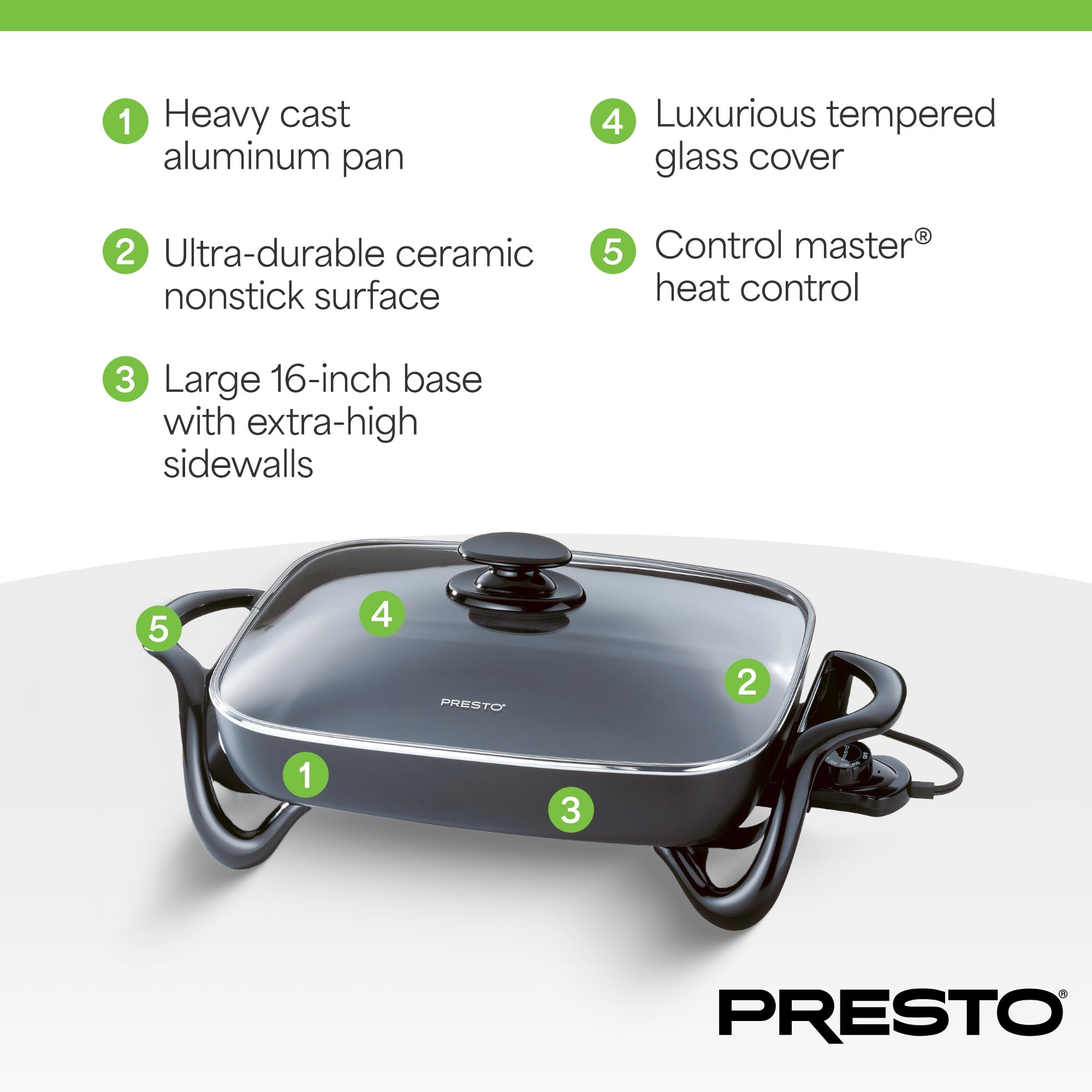 Presto 16 in Rectangular Electric Skillet with Glass Lid Non-Stick, Temperature Control
