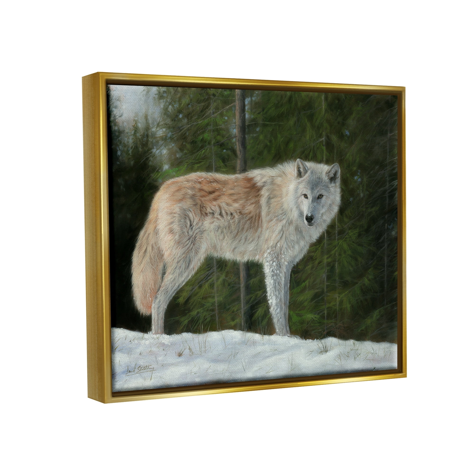 Stupell Industries Wild Coyote Wolf Gazing Snowy Forest Clearing Painting Metallic Gold Floating Framed Canvas Print Wall Art, Design by David Stribbling
