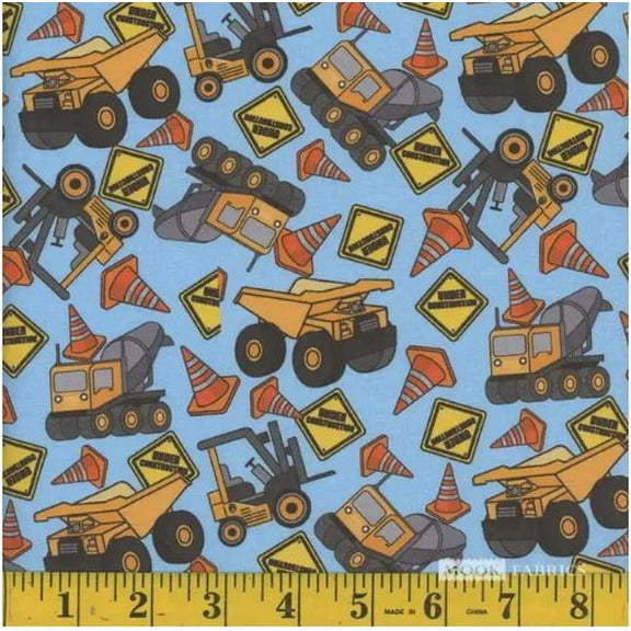 Cotton Kids Construction Machines Cement Trucks Cones Signs Boys Mook Fabrics Blue Cotton Fabric Print by the Yard (116278)