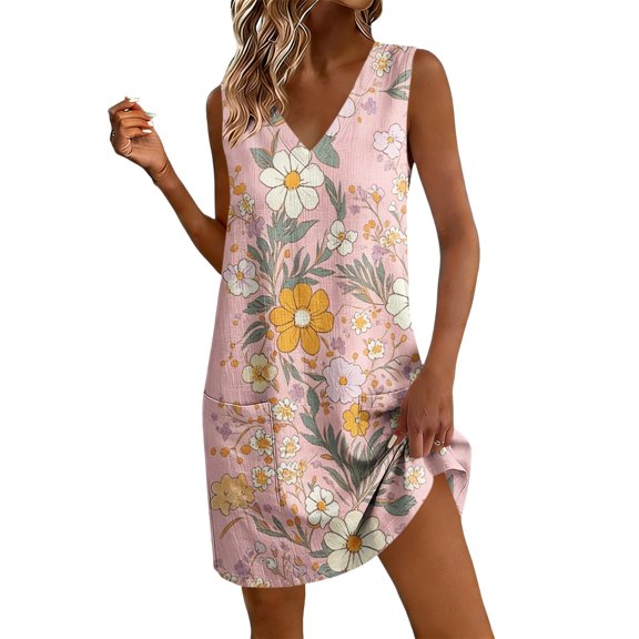 Stamzod Women's Summer Sundress Casual V Neck Sleevless Floral Mini Dress Plus Size Beach Dresses with Pockets Pink B L