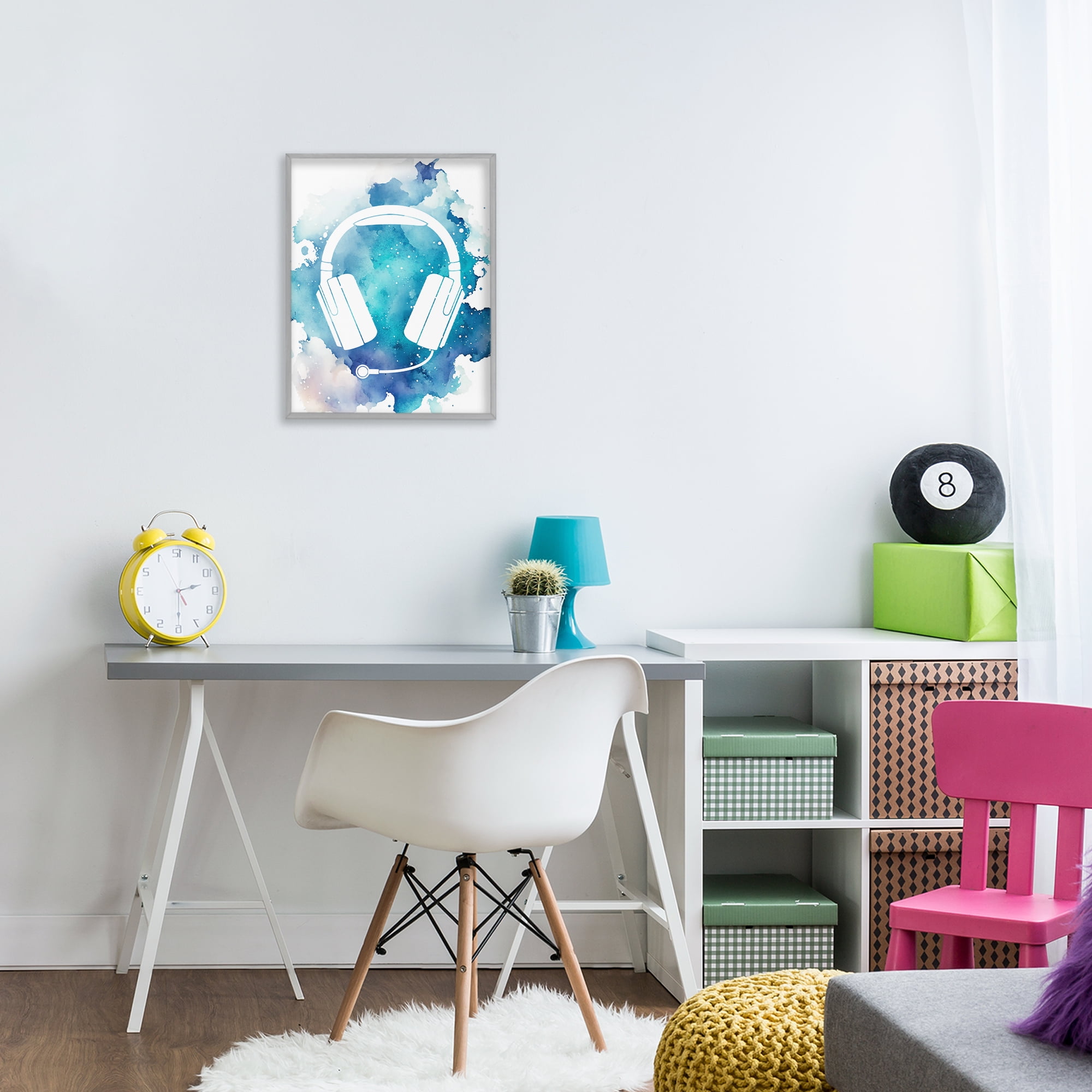 Blue Headphone Splatter Gray Framed Giclee Art, design by Marcus Prime