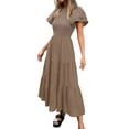 thumbnail image 2 of Admvng Dresses for Women Fashion Sexy Solid Short Sleeve Round Neck Pleated Dresses Ankle Dress Long Dress S-2XL, 2 of 9