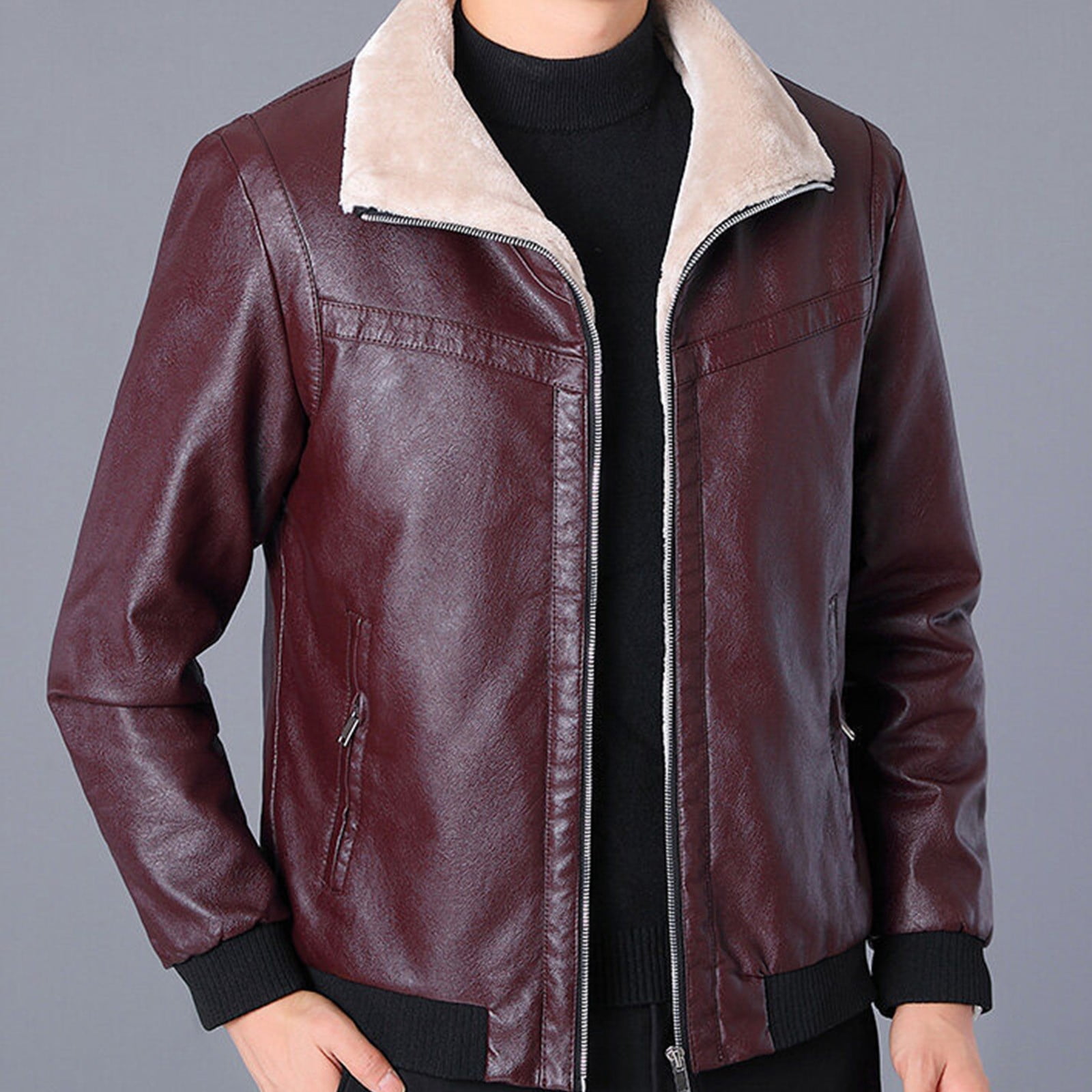 Brown Leather Jacket Men Fashion Fleece Turn-Down Collar Jacket Moto Biker Coat Retro Bomber Faux Leather Outerwear