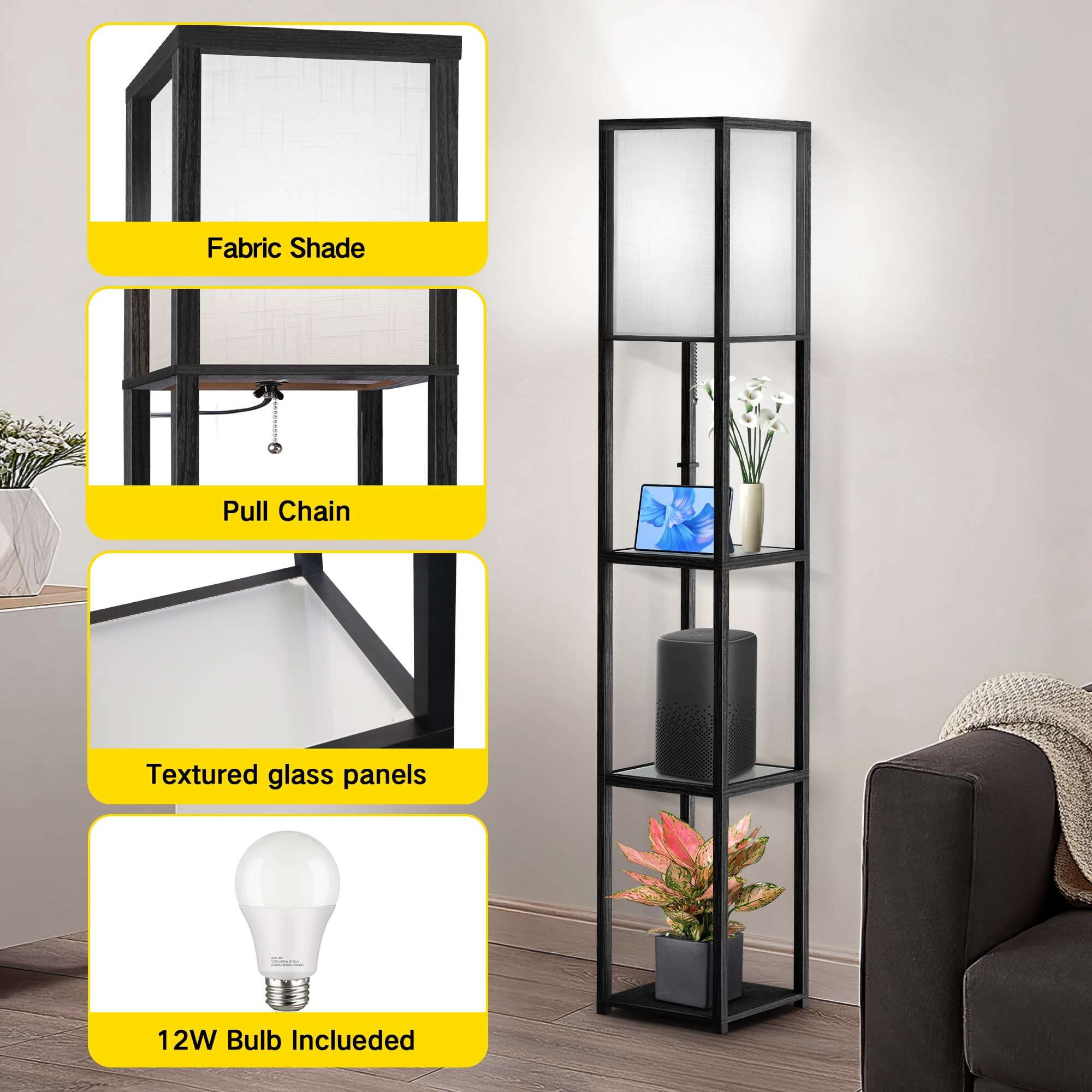 OUTON 65'' Floor Lamps with Shelves, Home Standing Lamp, Include 1080 Lumens Lighting Bulbs, Shelf Floor Lamp, Black Floor Lamps for Living Room, Bedroom, Lamp with Storage Dustproof