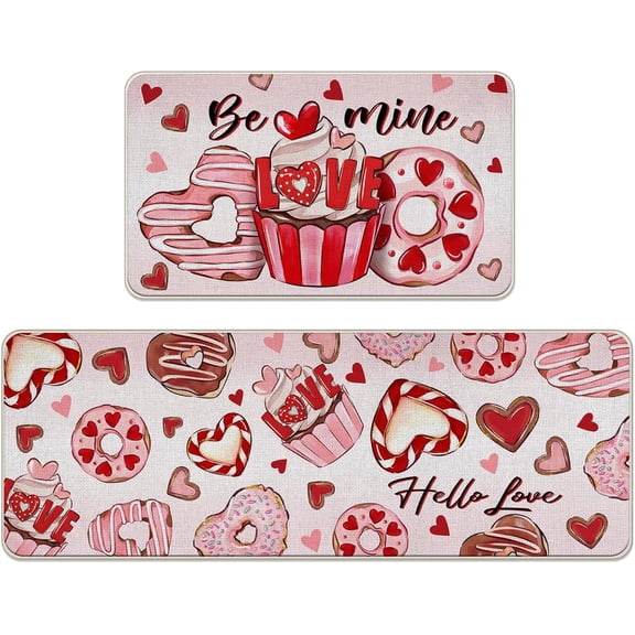 doreo Valentines Day Dessert Kitchen Rugs Set of 2, Pink Cupcake Donuts Chocolate Love Hearts Be Mine Kitchen Mats Decor, Anniversary Wedding Floor Door Mat Home Decorations - 17x29 and 17x47 Inch