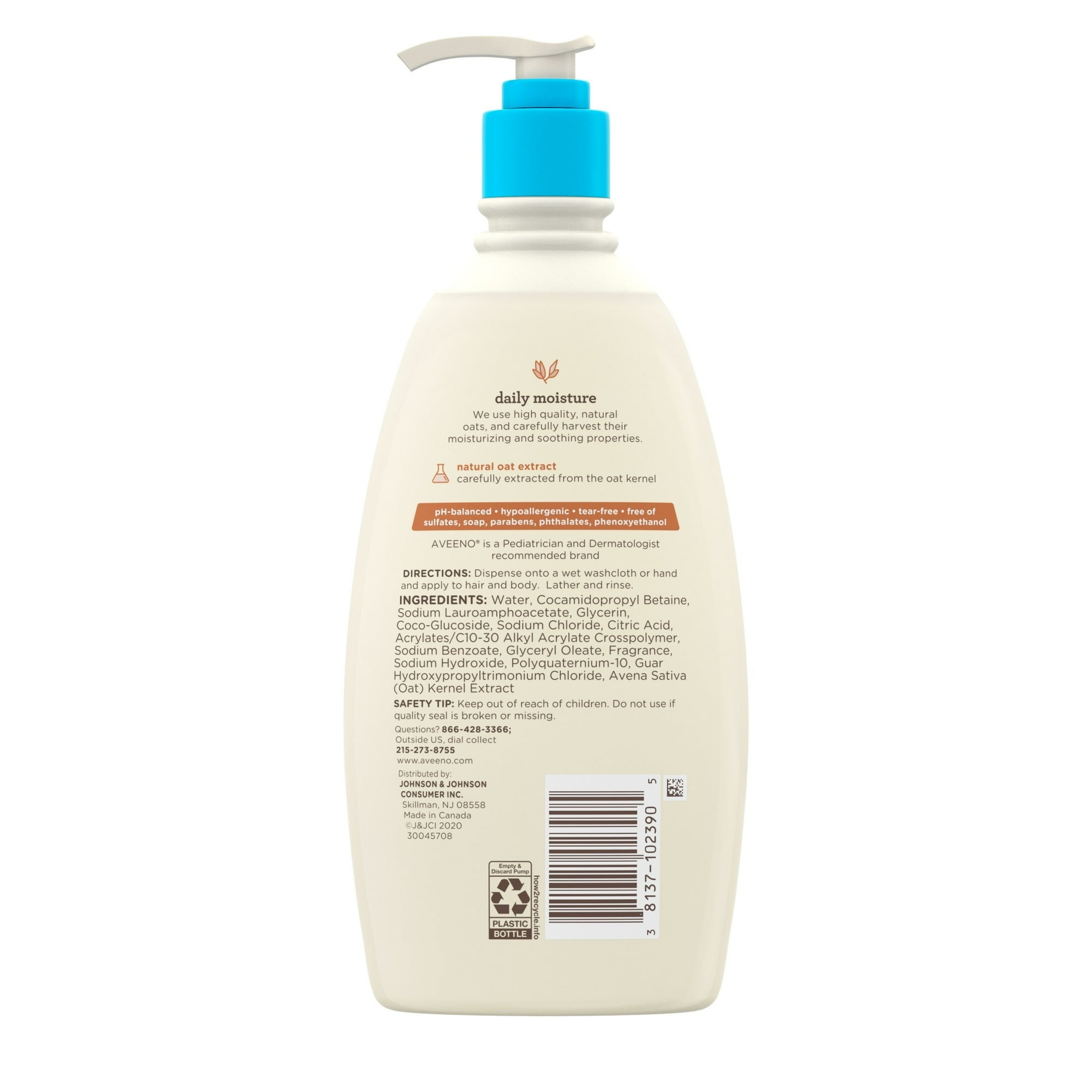 Aveeno Baby Daily Moisture Wash & Shampoo, Oat Extract, 18 fl. Oz