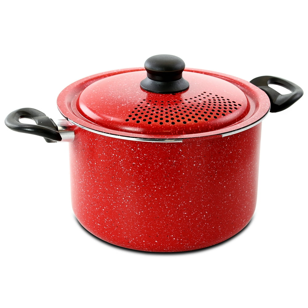 Gibson Granita 6 Qt Aluminum Pasta Pot with Strainer Lid in Red Speckle