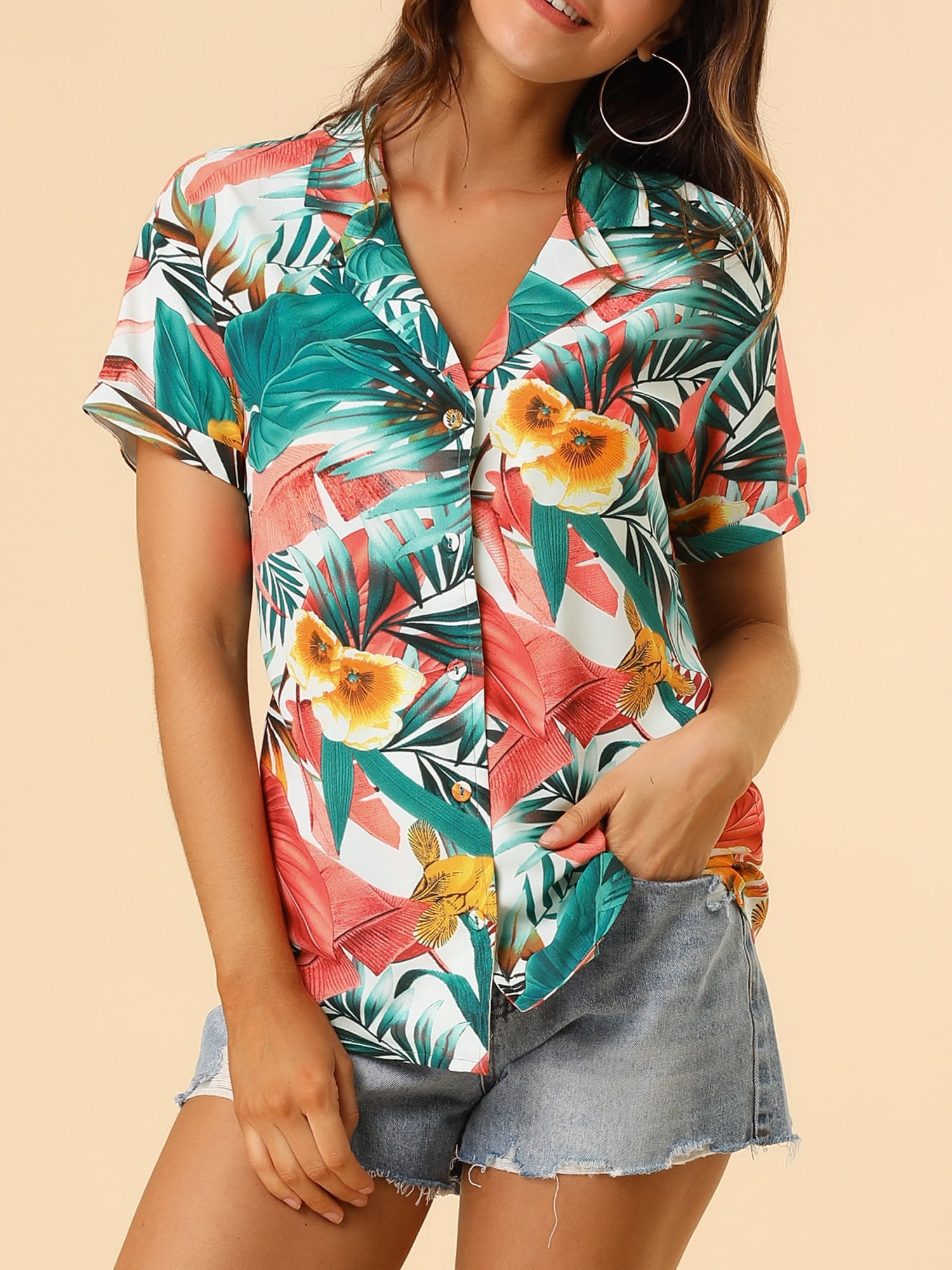 DARING DIVA Floral Leaves Print Short Sleeve Beach Top L White