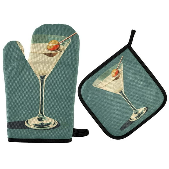 Yayeee Oven Mitts and Pot Holder Set of 2 Heat Resistant Kitchen Gloves Baking Hot Pad, Beige Martini