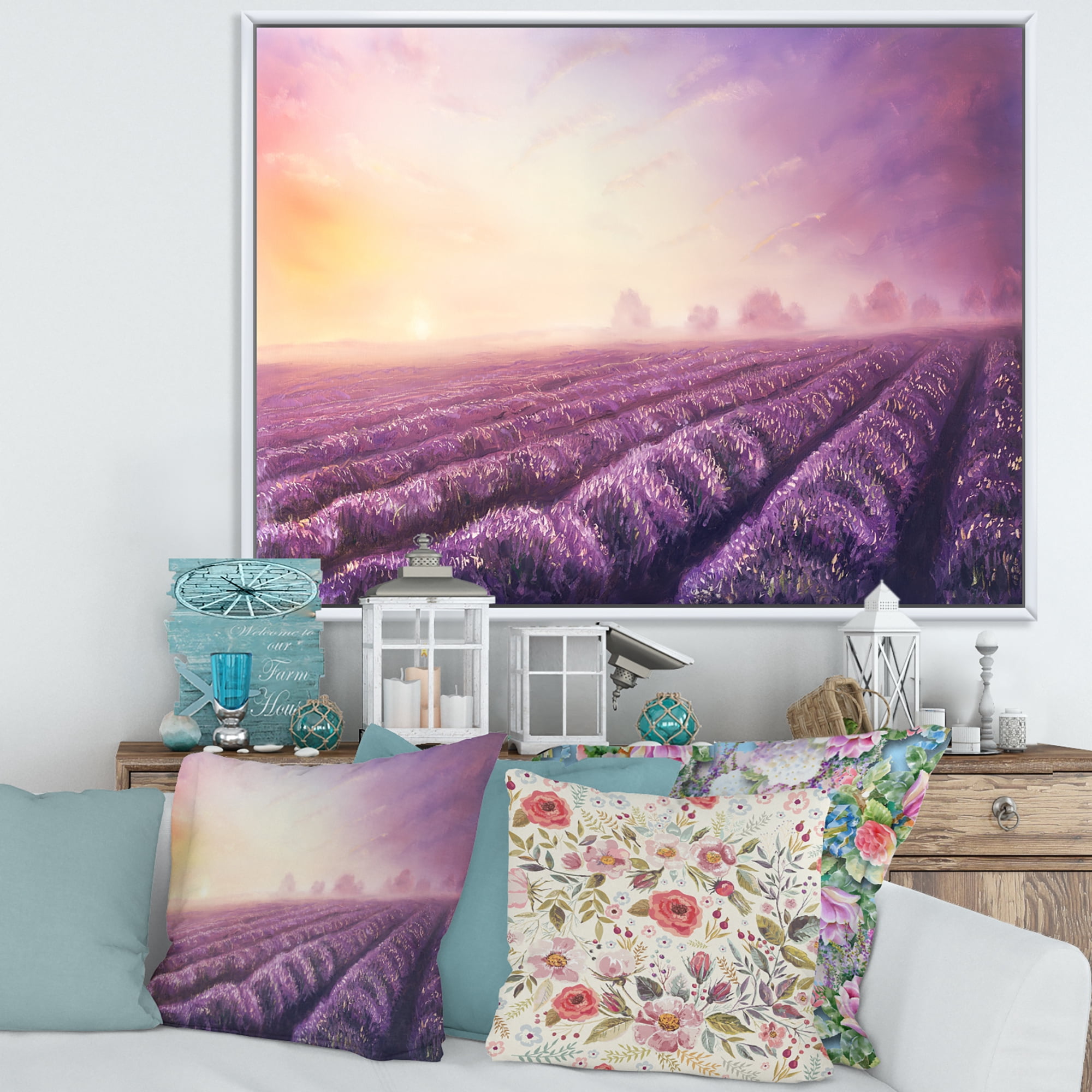 Designart 'Lavender Fields During Sunrise' Modern Framed Canvas Wall Art Print