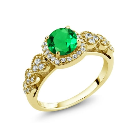 - 1.09 Ct Round Green Simulated Emerald 18K Yellow Gold Plated Silver Ring