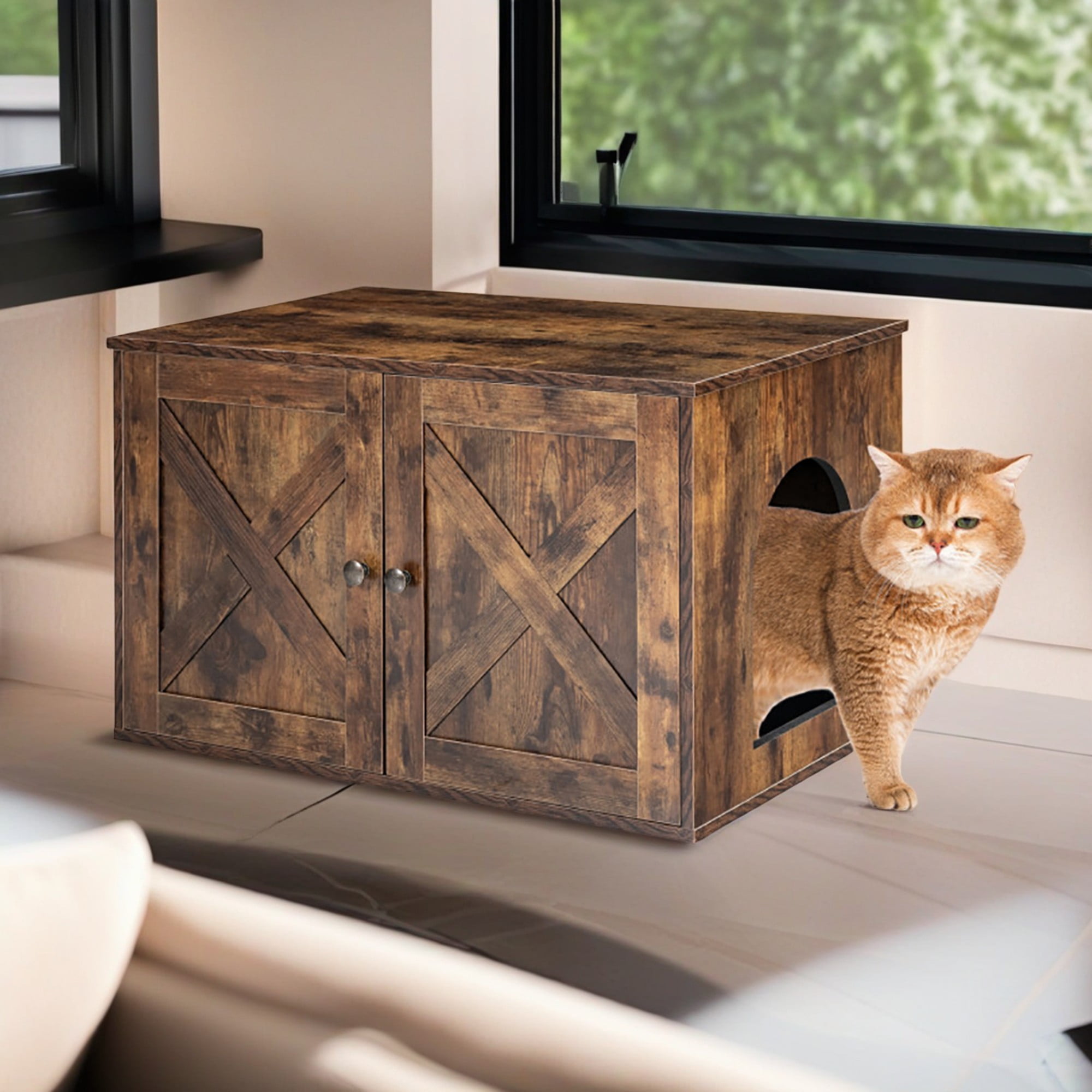 resenkos 31" Hidden Cat House Washroom Furniture with Double Doors and Divider, Wood Cat Litter Box Enclosure Cabinet with Side Entrance, Brown
