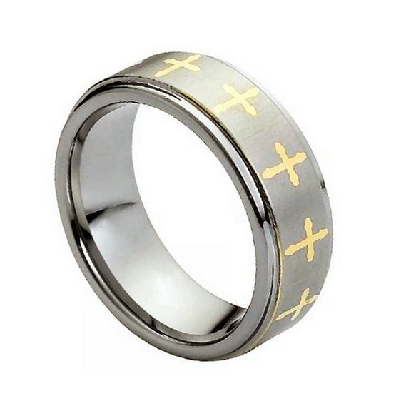 8mm Tungsten Carbide Gold Plated Cross stepped edge satin finish Wedding Band Ring For Men Or Ladies