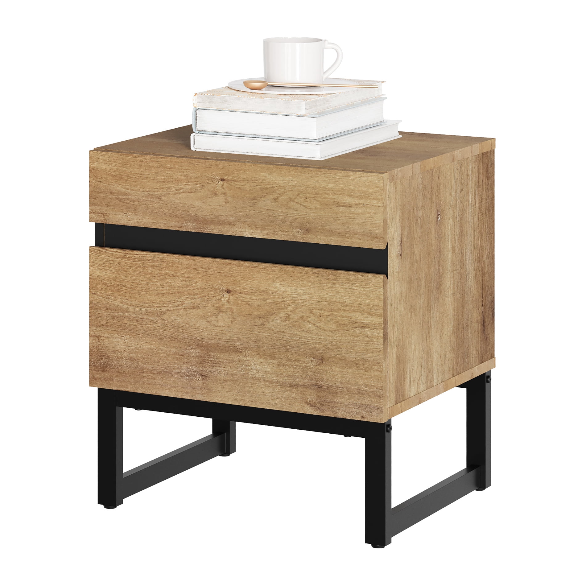 WAMPAT Modern Bedside Table for bedroom, Nightstand with 2 Drawers and Black Square Iron Leg, Wood Rustic Side End Table for living Room