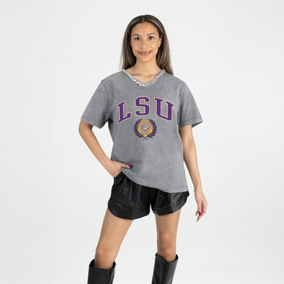 Women's Gameday Couture Gray LSU Tigers Iconic Edge Rhinestone V-Neck T-Shirt