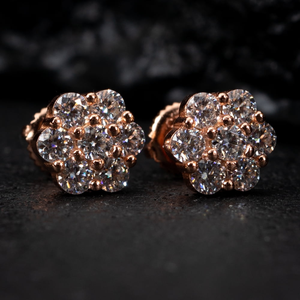 Round Cut 1.33Ct Natural VVS D Color Moissanite Earring Pink 14K Rose Gold 925 Sterling Silver Honey Comb Flower Set Cluster Hip Hop Screw Back Unisex Stud Earrings
