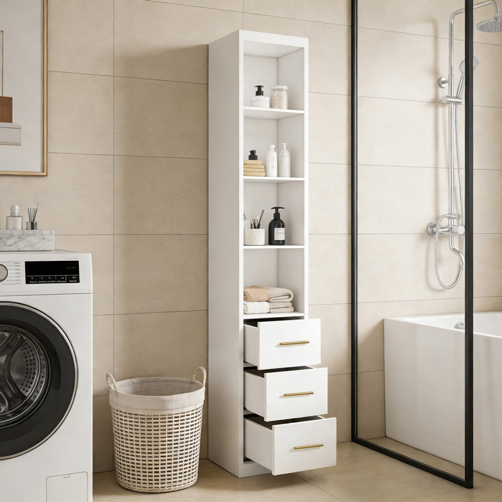 Mintazer 85.05" Tall Storage Cabinet with 4 Shelves and 3 Drawers for Bathroom Living Room Bedroom, White