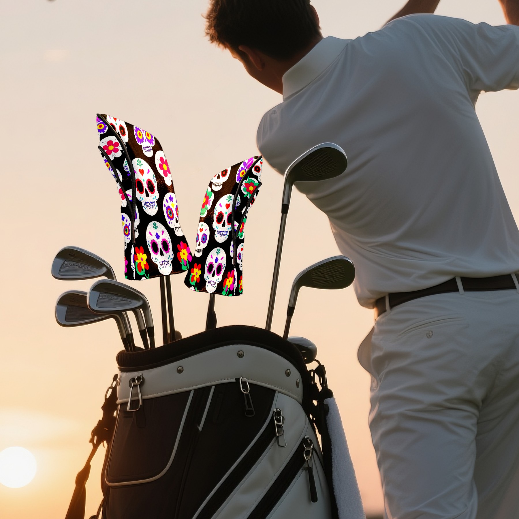 Golf Club Covers, Skeleton Premium PU Leather Driver Hybrid Putter Head Covers with Velvet Lining, Waterproof Golf Gifts for Men Women