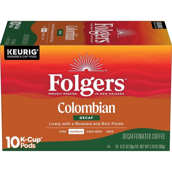 Folgers Colombian Decaf Coffee, Medium Roast, Keurig K Cup pods, 10 Count Box