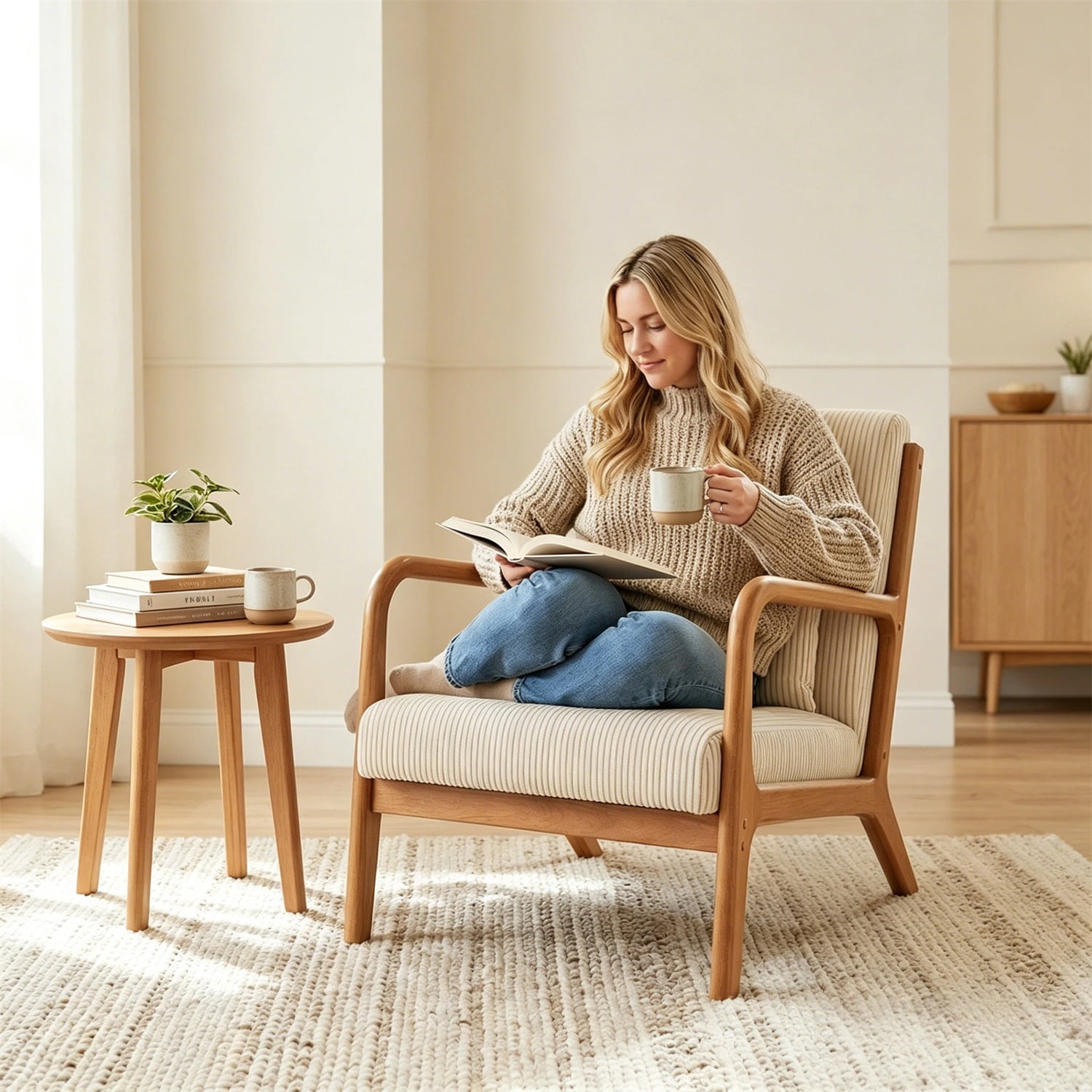 Hommoo Modern Accent Chair, Striped Corduroy Fabric Arm Chair with Solid Wood Frame, Upholstered Comfy Reading Chair for Home, Beige